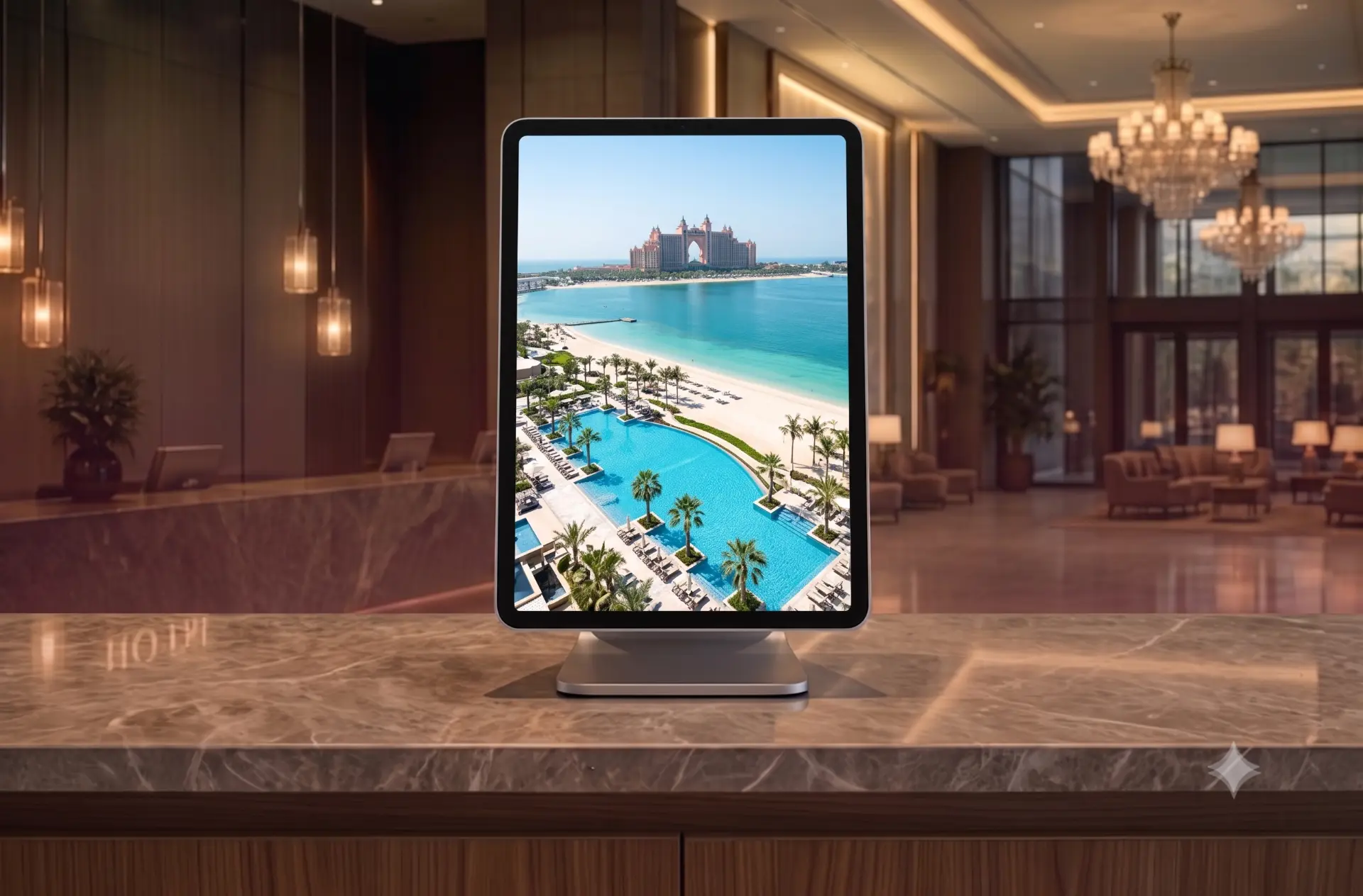 Otel lobisinde bekleme modunda otel görsellerini gösteren kiosk tablet