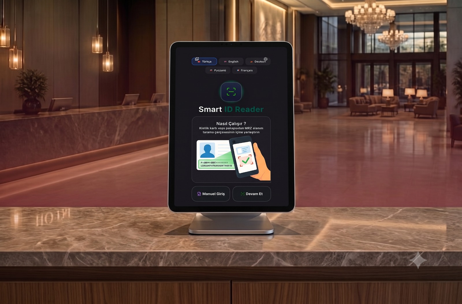 Otel lobisinde Smart ID Reader kiosk tableti